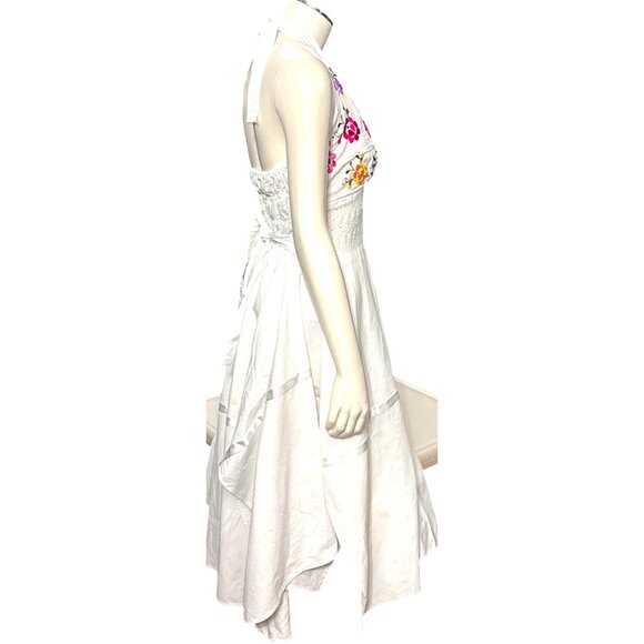 CCC Handmade White Halter Embroidered Floral Dress Asymmetrical Hi Lo Hem Trendy - Picture 6 of 12